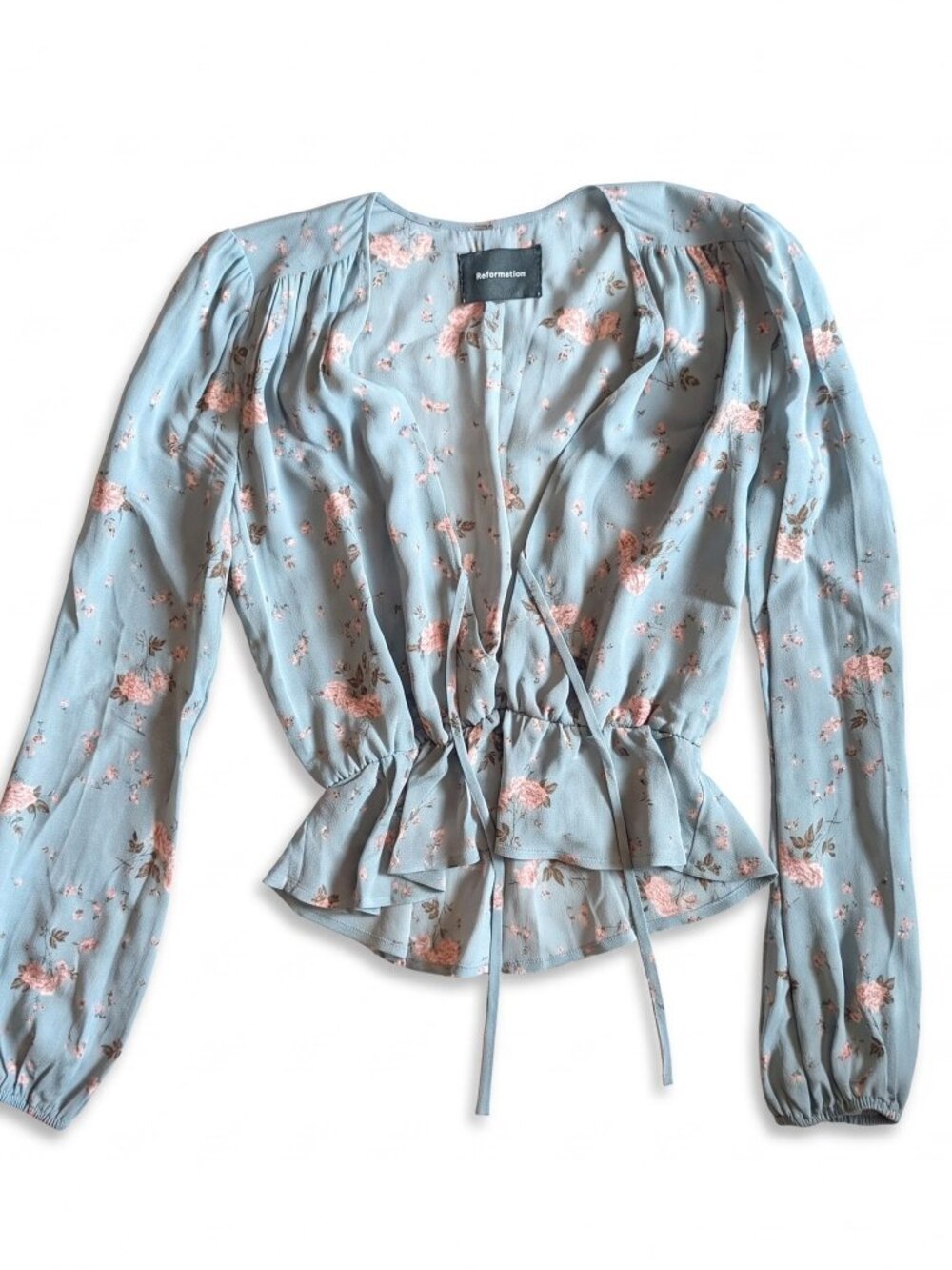 Reformation Blue Floral Tie-Front Peplum Blouse - Size Small (S)